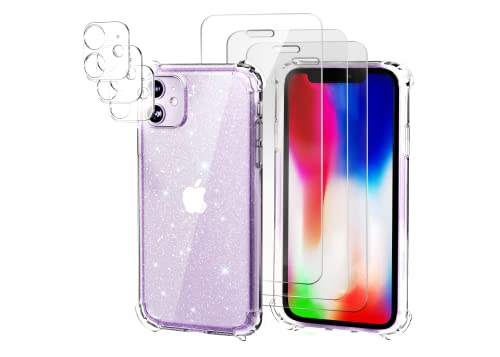 XLKTech Funda Glitter Compatible con iPhone 11 (6,1") con 3 Pack Cristal Templado y 3 Pack Protector de Lente de Cámara, Carcasa Silicona TPU Bumper Airbag Anti-Choque, Transparente Cover