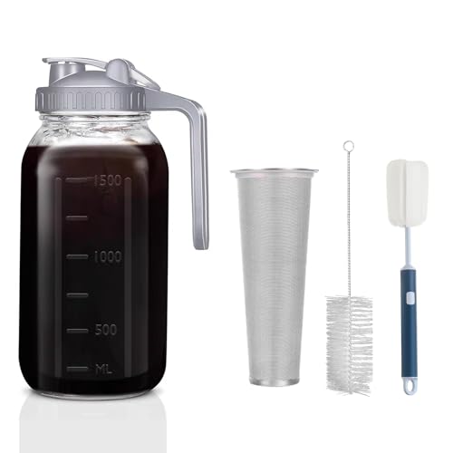 Cold Brew Coffee Maker Pitcher - Thick Glass Mason Jar with Stainless Filter Leakproof Flip Lid Ergonomic Handle for Iced Coffee Tea Lemonade Homemade Drinks (Grey - 64oz)