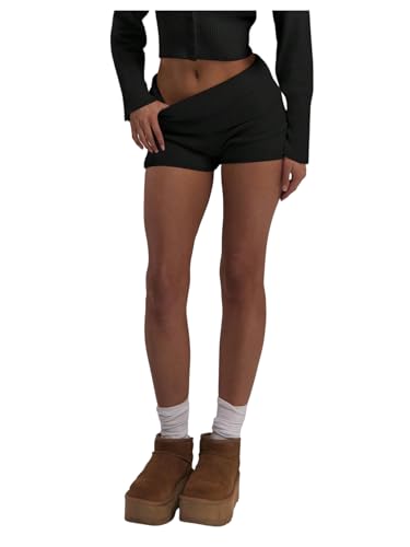 Milumia Women's Bottoms Fold Over Knit Shorts Y2k Low Waist Going Out Sweater Short Black X-Small