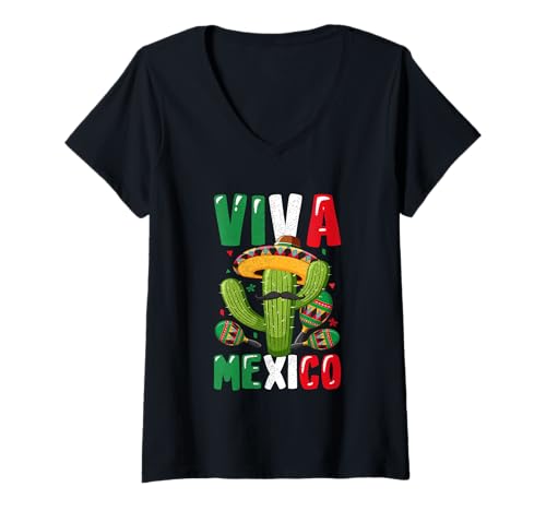 Damen Viva Mexico Kaktus Sombrero Fun T-Shirt mit V-Ausschnitt Damen Viva Mexico Kaktus Sombrero Fun T-Shirt mit V-Ausschnitt