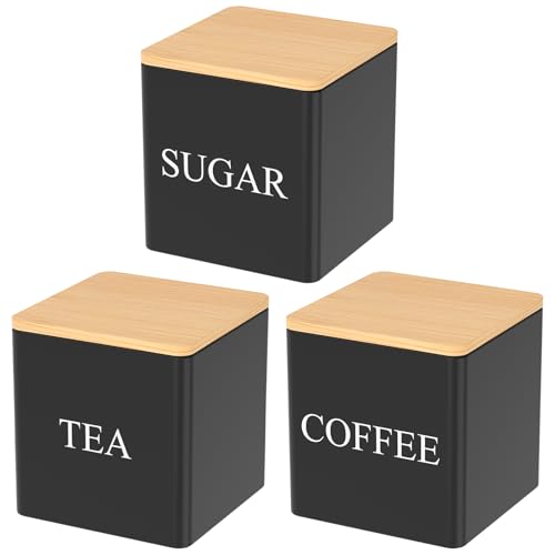 Juego de 3 botes para café, té, azúcar, 500 ml, con tapa hermética de bambú y marcador de nombre, frasco cuadrado de almacenamiento de cocina, para té, café, azúcar (negro)