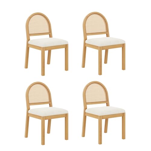 Image of Nathan James Bailey 19 in. Boucle Dining Chair, Upholstered Side Chair with Natural Woven Rattan Back and Solid Wood Legs, Natural Brown /Rattan /Cream Boucle, Set of 4