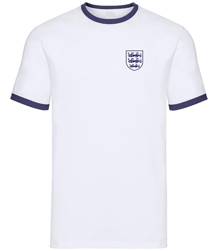 England 3 Lions Ringer T-Shirt With Contrasting Collar and Cuffs - Small England Motiff - 100% Cotton - Sizes Small to 3XL - Assorted Colours (UK Alpha XL Regular Regular White/Navy)
