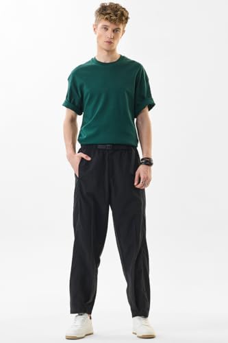 Image of SNITCH Men Cargo Pants | Relaxed Fit with Elastic Waistband & Adjustable Belt | 100% Nylon Material & Multiple Utility Pockets for Casual & Street Wear