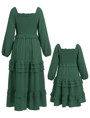 AWIBMK Mother Daughter Matching Boho Dress Long Sleeve Tiered Smocked Dress Holiday Wedding Mom and Me Fall Dress2