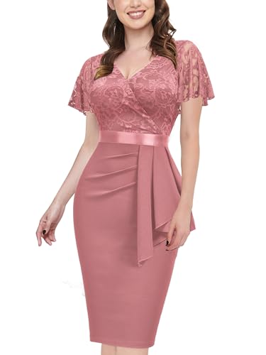 Miusol Women's Floral Lace V Neck Elegant Ruffle Cocktail Dress