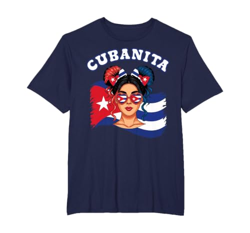 Cubanita Hispanic Heritage Messy Bun Cuban Cuba Flag Girls T-Shirt, Men's Big and Tall, Navy Blue, 2X Tall