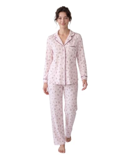 Image of Laura Ashley Women's Plush Knit Pajamas 2 Piece Ultra Soft Brushed Long Sleeve Button Down Top and Pants Sleepwear Set