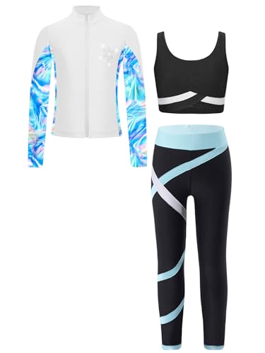 TiaoBug Conjunto Deportivo Para Niñas Chaqueta Manga Larga + Chaleco Sin Mangas + Leggings Traje De Gimnasia Rítmica Entrenamiento Azul claro 7-8 años