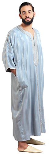 Moroccan Men One size Lounge wear Caftan Handmade Gandoura Cotton Blend Delicate Embroidery Grey3