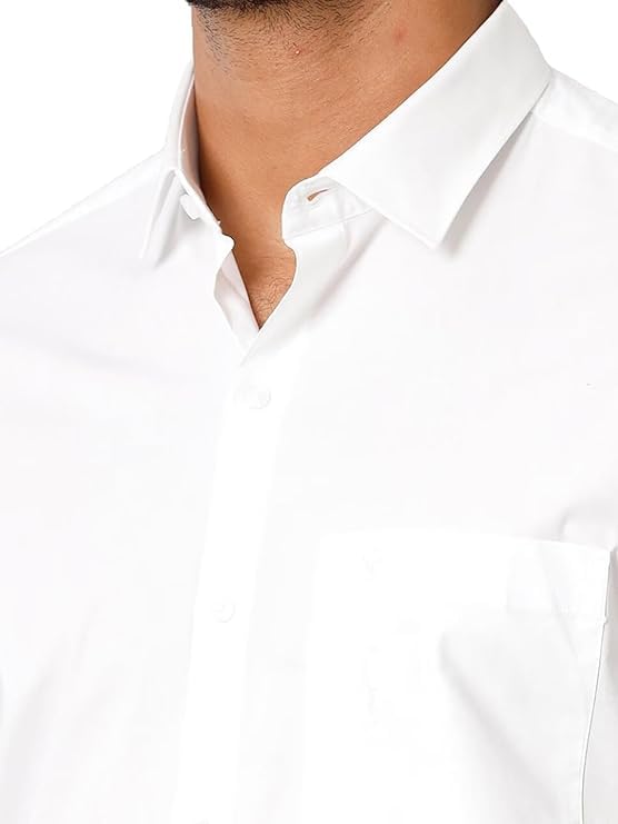 Image of RAMRAJ COTTON Men Solid Regular Fit Half Sleeve Ethnic White Cotton Blend Shirt