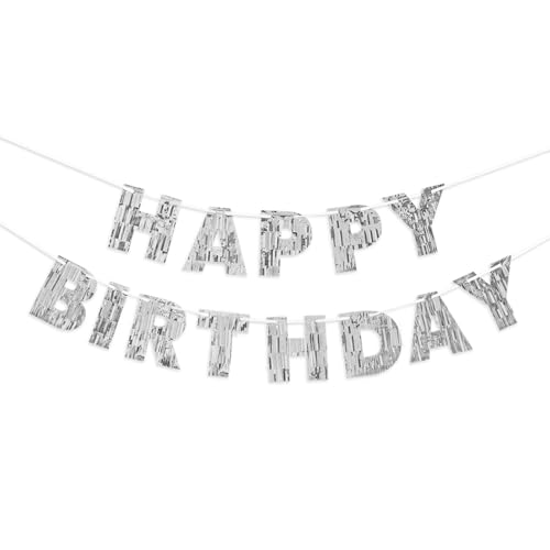 Grinalda de feliz aniversário com franjas prateadas, 2,4 m pré-montada, sem bricolage, galhardetes 'Happy Birthday', decoração para festas de mulher/homens/crianças/crianças