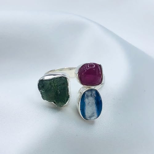 Natural Moldavite, Ruby & Kyanite Ring, 925 Sterling Silver Plated Three Gemstone Ring, Handmade Women's Anniversary Ring4