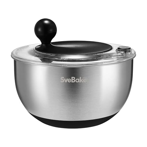 SveBake 5L Salatschleuder Edelstahl mit Stopptaste, BPA-Freie Gemüse Salatschleudern, Transparenter Deckel und Abflussloch, rutschfeste Unterseite, Spülmaschinenfeste Salad Spinner
