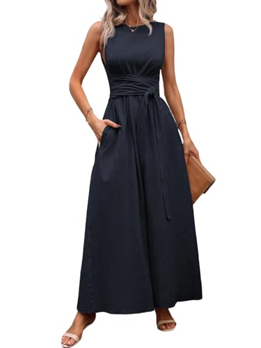 LIAMERHE Robe Été Femme Longue Chic et Élégante Robe Maxi sans Manches avec Poches Col Rond...