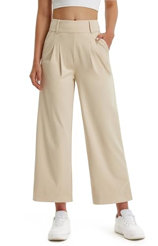 Libin Women's Wide Leg Dress Pants 27' High Waisted Stretch Work Casual Sweatpants Business Office Pants Trousers with Pockets,Light Khaki,Medium