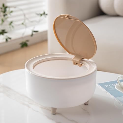 Image of HOKIPO Mini Desktop Trash Can with Lid | Countertop Dustbin for Desk, Bathroom Vanity & Tabletop - Portable Small Wastebasket for Office, Bedroom - White 2L (NEW-AR-6079)