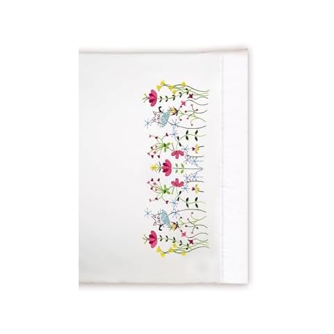 Tobin Stamped Pillowcases, Cats in Flowers, 20" x 30" Embroidery Kit, white Cover