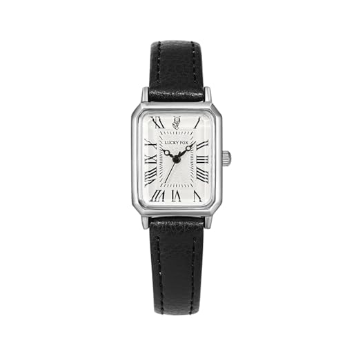 ALCENTIS Montre Femme Rectangulaire, Cadran Blanc, Chiffres Romain, Bracelet Cuir, Boîtier Chrome Argent (Bracelet Noir)