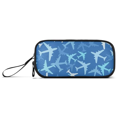 Image of Airplanes Blue Pencil Case Box Boys Girls Large Pencil Pouch with Zipper Compartments Big Capacity Stationery Pen Bag Organizer for Kids Teens Adults School