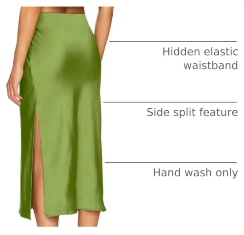Image of Amy Babe Womens Satin Silk High Waist Slit Midi Skirt Long Skirts for Women | Elastic Waistband, Side Split, Midi Length, Below the Knee, Silky Fabric, Elegant, Fall Winter Outfits