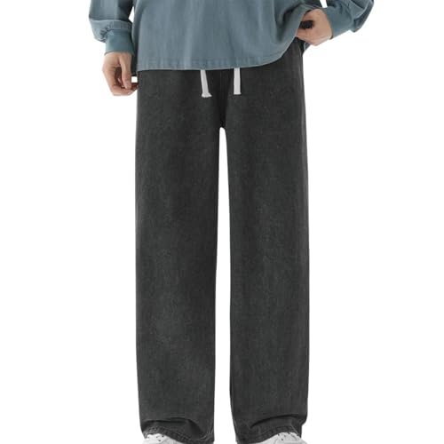 Men's Classic Denim Pants, Drawstring Loose Straight Leg Jean Pants Streetwear Fashion Y2K Trousers with Pockets