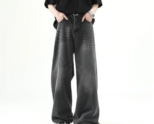 Mens Wide Leg Washed Denim Pants Straight Casual Loose Fit Vintage Korean High Street Trousers3