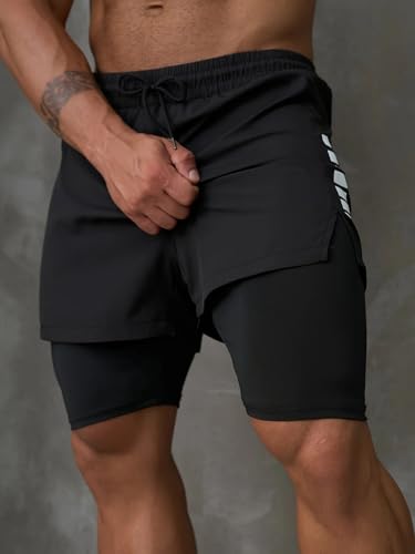 Image of THIRD QUADRANT 2-in-1 Running or Gym Lycra Shorts for Men || Quick-Dry Athletic Shorts ||with Built-in Liner, Black
