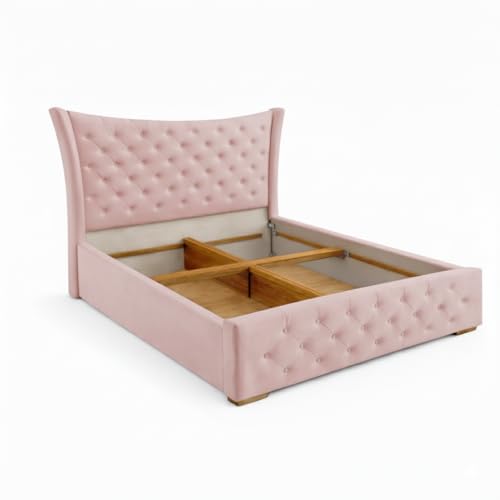 Image of Pearl Upholstered Queen Size Bed with Box Storage for Bedroom | Elegant Wooden Double Bed with Storage | Platform Cot Palang with Tufted Headboard | 6.5 x 5 Ft | Sheesham Wood | Mauve