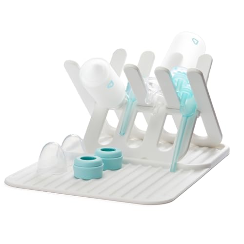 Image of Munchkin Bottle Drying Rack and Mat, Holds 8 Bottles, Pump Parts, Pacifiers, & Accessories, Space Saving Folding Design, Home and Travel Use, Silicone, White