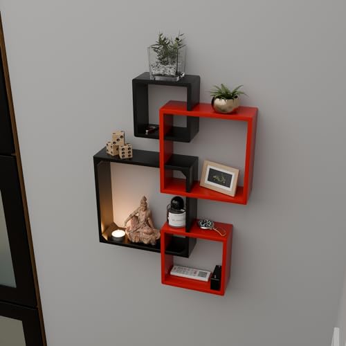 Image of ETIQUETTE ART Floating Cube Shelves - Intersecting Wall Mounted Shelves - Wall Decor Square Shelves for Bedrooms, Living Rooms & More - Set of 4 Box Shelves (Red & Black)