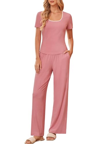 Braroz Pajamas for Women Set Lace Trim U Neck Short Sleeve T-Shirt & Long Pant with Pockets Ribbed Knit 2 Piece Lounge Sets Pink S
