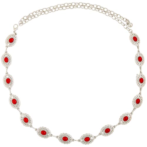 Red Turquoise Oval Chain Western Cowgirl Metal Silver Sparkly Adjustable Summer Belly Chain Link Belts Fashion Belt Jewelry Accessories for Women Dress Wedding Bridal Party Birthday Club