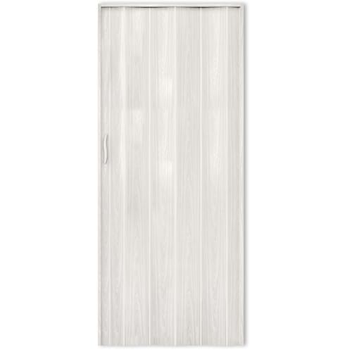 Portango Falttür Weiss Holzoptik aus PVC Kunststoff für Innen & Außen Komplettset I faltbare Schiebetür kratzfest und pflegeleicht mit Holz Motiv I anpassbare Breite der Falttüren I Modell PT-4 Twist