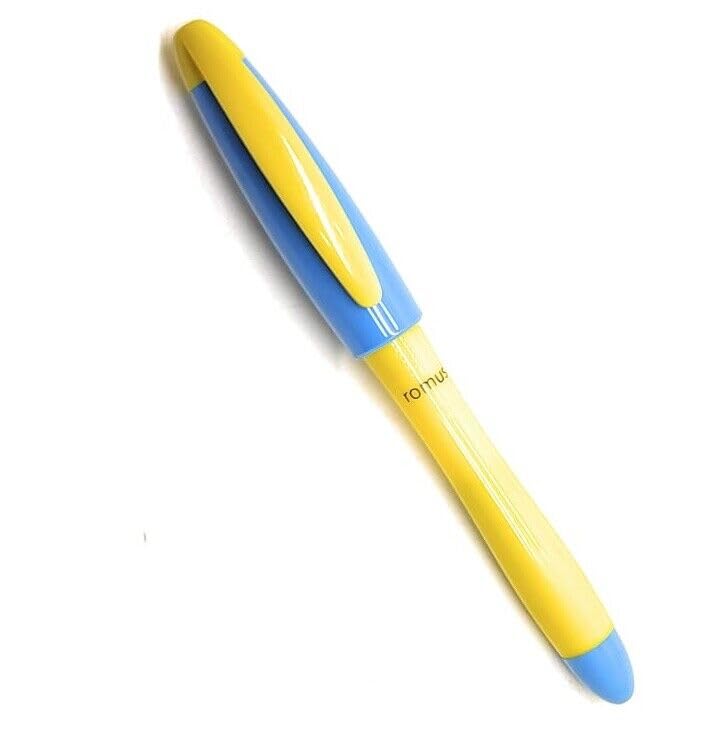 Glare Collection Romus Student Fountain Pen in Sky Blue and Yellow, capped and ready for use.