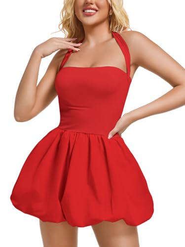 Image of ChiaoLezhee Halter Mini Bubble Dress, Date Night Birthday Homecoming, Coquette Short Corset for Women, Sexy Cute Going Out