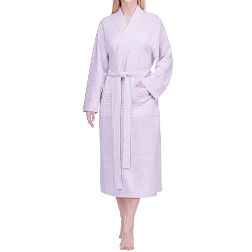 PAVILIA Womens Waffle Knit Robe Lightweight Cotton Blend Full Length House Bathrobe with Pockets (Lavender S/M)