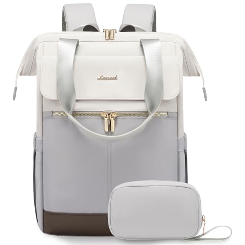 Image of LOVEVOOK Laptop Backpack for Women, 15.6 Inch Work Laptop Bag with USB Port, Fashion Teacher Nurse Backpack Purse, Waterproof Travel Computer Backpack with Organizer Bag, 2PCS, Beige-Light Grey