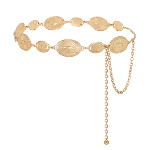 JASGOOD Metal Concho Belt for Women Western Cowgirl Boho Waist Chain Belts for Dresses Jeans Country Concert Belt, B-Gold