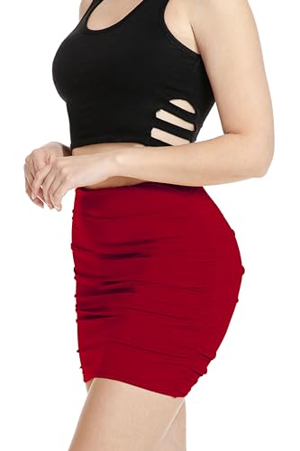 SSOULM Women's Stretch High Waist Ruched Shirring Bodycon Double Layer Mini Skirt RED XL3