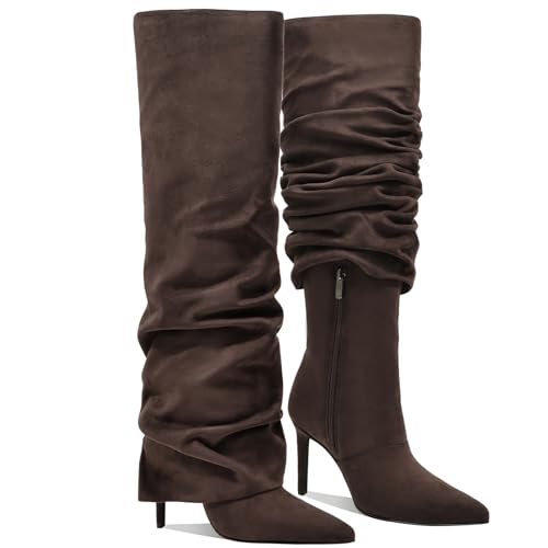 Image of Women's Knee High Boots Fold Over High Heel Pointed Toe Black White Long Boots Women Dress Tall Boots for Women