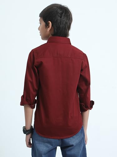 Image of Red Nine Rocket Science Boys' Solid Satin-Finish Poly Cotton Shirt | Single Pocket, Spread Collar, Long Sleeve, Casual