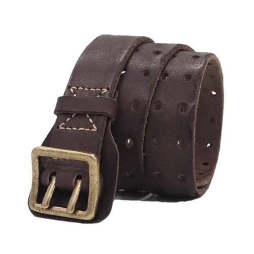 Pohullan Men Double-Needle Buckle Belt Water Made Old Jeans Belt Retro Casual Leather Belt
