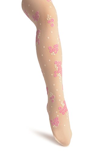 Cream With Rubberized Pink & White Daisies - Girls Tights - Kids Tights (Pantyhose)
