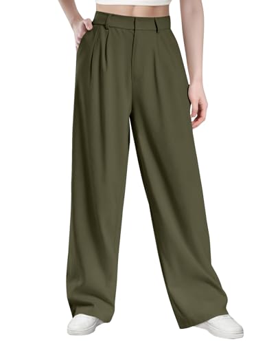 Glacspyg Pantalones de Ocio de Cintura Alta para Mujer Otoño e Invierno Tejido de poliéster y Elastano de Alta Densidad Pantalones de Trabajo Elegantes y Lisos con Bolsillos Verde Militar M