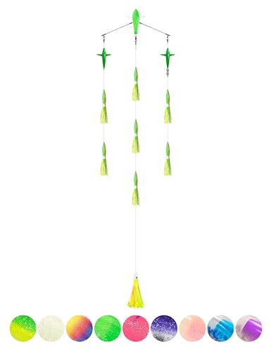 BLUEWING 18in Upgraded Fishing Spreader Bar Starboard Canyon with 6in Floating Squids Trolling Birds Big Game Trolling Lure and 316 Stainless Steel Rod for Wahoo Tuna Marlin Mahi Mahi Yellow/Green