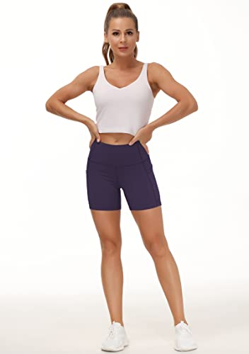 Image of THE GYM PEOPLE High Waist Yoga Shorts for Women's Tummy Control Fitness Athletic Workout Running Shorts with Deep Pockets