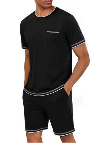 Demegimi Mens Pyjamas Set Short Sleeve Pjs Crew Pajama Set Summer Mens PJS Sets Loungewear Sleepwear Black