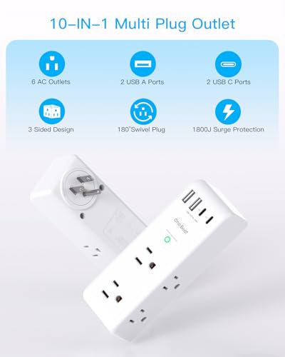 Image of PD 30W Surge Protector Outlet Extender, Rotating Plug, One Beat 6 AC Multi Plug Outlet with 4 USB Ports (2 USB C), 1800J, 3-Sided Swivel Power Adapter with Spaced Outlet Splitter for Home Office Dorm
