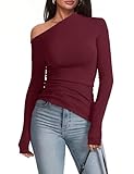 Meetrendi Women's Sexy Off Shoulder Tops Long Sleeve Asymmetrical Slim Fit Going Out Trendy Fall Shirts Dressy WineRed M